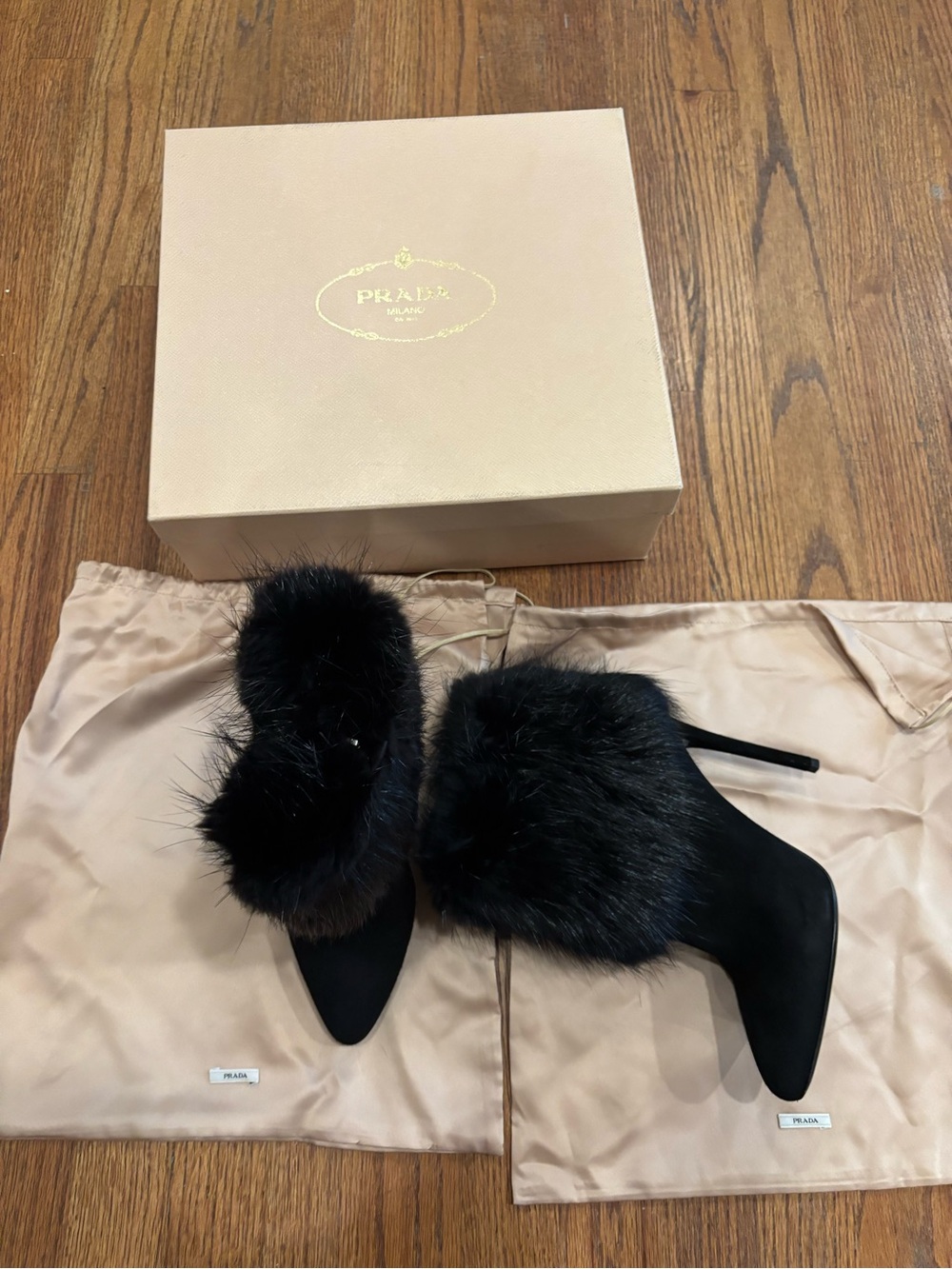 Prada Black Fur-Trim Suede Pointed Stiletto Booties